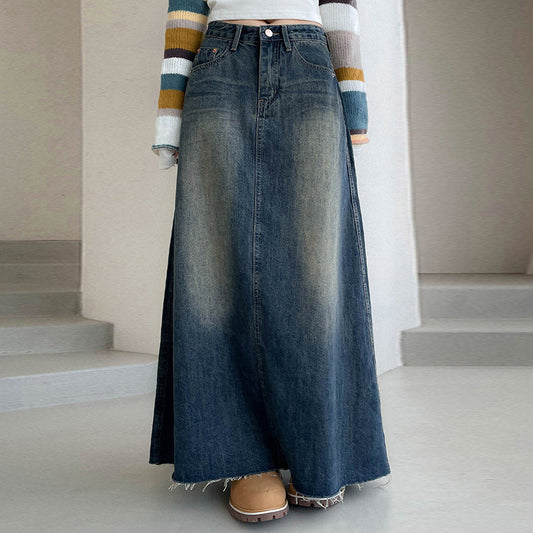 Washed Vintage Long Denim Skirt