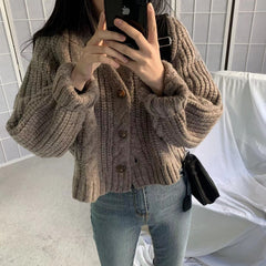 V-Neck Cable Knit Button Long Sleeve Cardigan