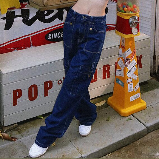 Stitched Detail Straight Leg Cargo Jeans - fairypeony