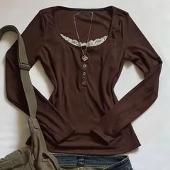 2000s Lace Panel Knit Top – Square Neck Button Detail in 4 Colours S–L