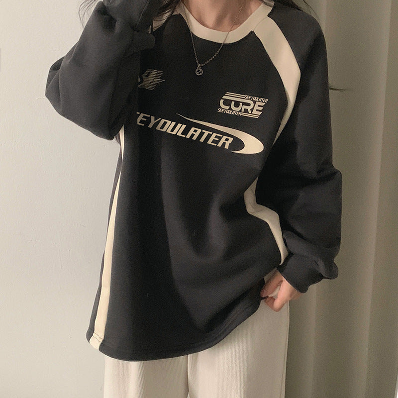 Letter Print Contrast Color Splice Sweatshirt - fairypeony