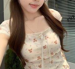 Lace Trim Square Collar Bow Short Sleeve Tee