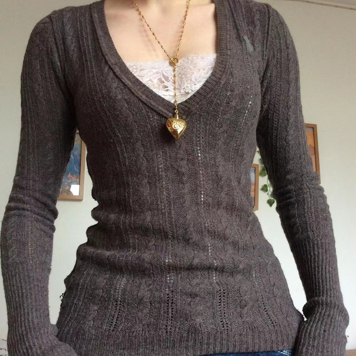 Cable Knit Long Sleeve V Neck Slim Sweater