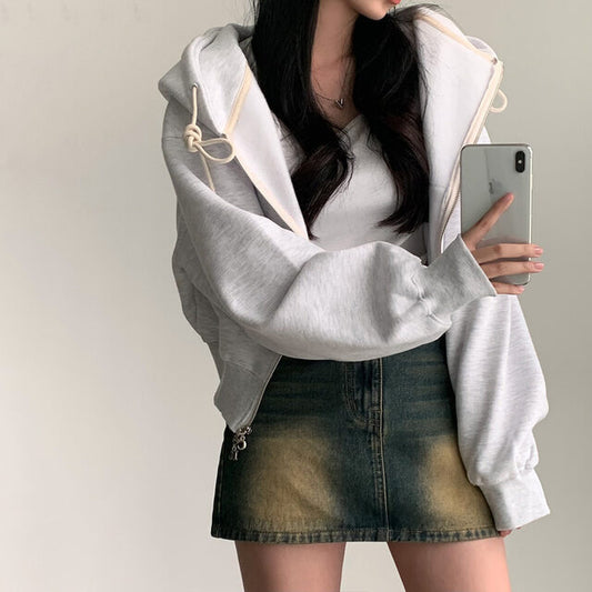 Vintage Solid Color Cropped Zip Up Hoodie