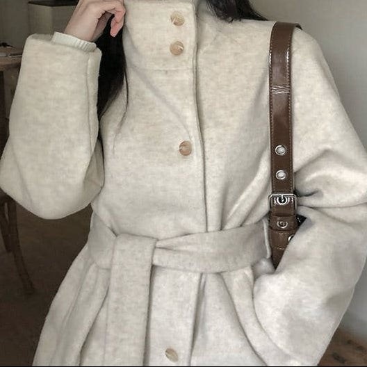 Woolen Coat – Korean Chic Stand Collar Belted Coat in 3 Colours One Size