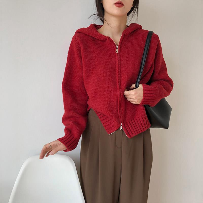 Solid Color Zip Up Hooded Knitted Cardigan - fairypeony