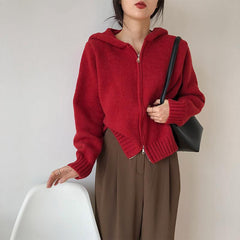 Solid Color Zip Up Hooded Knitted Cardigan - fairypeony