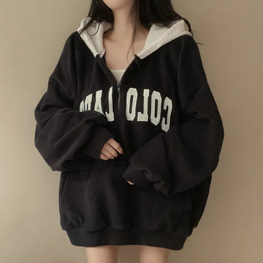 Vintage Solid Color Letter Print Half Zip Up Hoodie