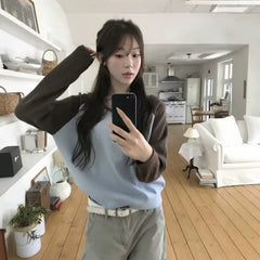 Women's V-Neck Colorblock Long Sleeve Knitted Sweater