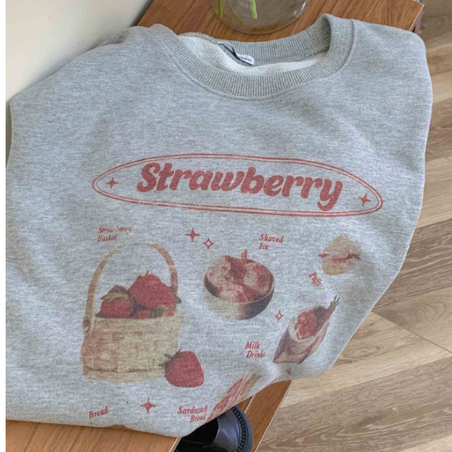 Crewneck Strawberry Print Loose Cotton Sweatshirt Pullover