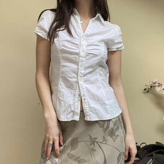 Solid Color Button Down Short Sleeve Blouse