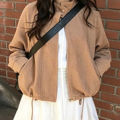 Swing drawstring deerskin fleece jacket in khaki, front view