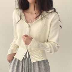 Solid Color Zip Up Waist  Trimming Hooded Cardigan