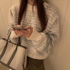 Vintage Round Neck Stripped Fuzzy Sweater