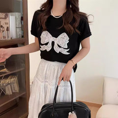 Embroidery Bow Oversized Short Sleeve Tee