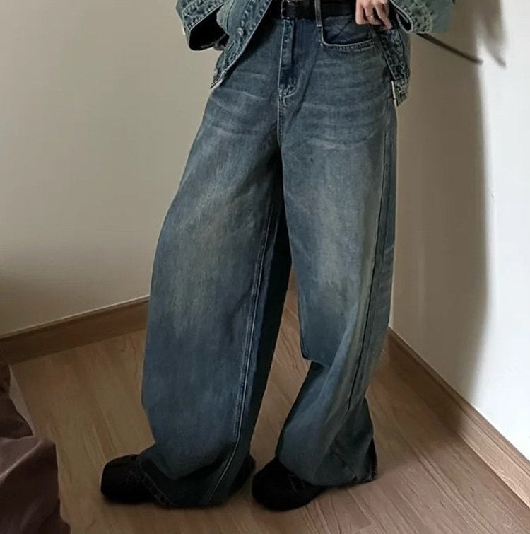 Vintage blue loose wide-leg denim pants in retro blue, styled with denim jacket