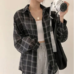 Plaid Print Thin Long Sleeve Blouse