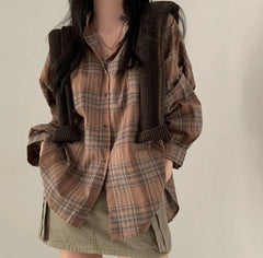 Vintage Plaid Print Loose Long Sleeve Blouse