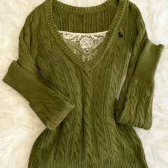 Lace Patchwork Knit Sweater with Waist-Cinching Design