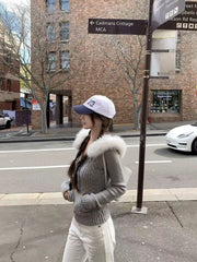 Twisted-knit hooded coat with a fluffy fur collar, slim-fit sweater for layering