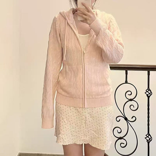 2000s Cable Knit Zip-Up Hooded Pullover Cardigan – Slim Fit, One Size