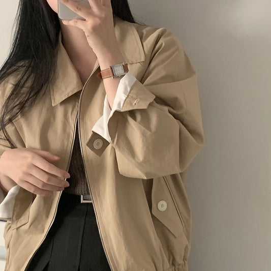 Vintage Solid Color Oversized Zip Up Jacket