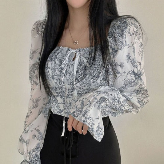 Vintage Square Neck Puff Sleeve Floral Blouse