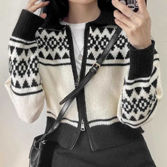 Vintage Jacquard Print Zip Up Cardgan - fairypeony