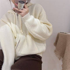 Solid Hooded Zip Up Knit Cardigan