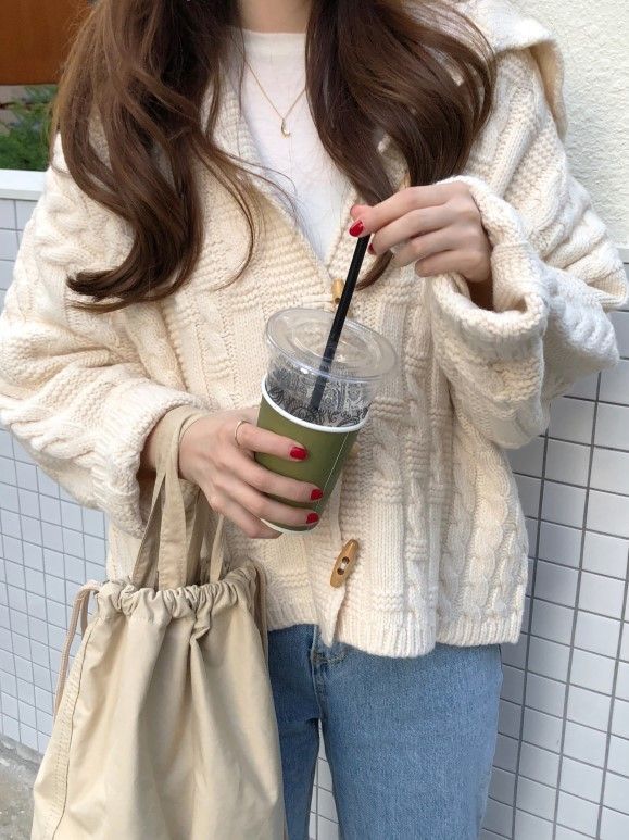 Solid Cable Knit Horn Buckle Hooded Cardigan - fairypeony