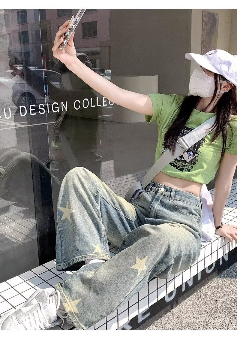 Distressed Star Print Wide-leg Jeans - fairypeony