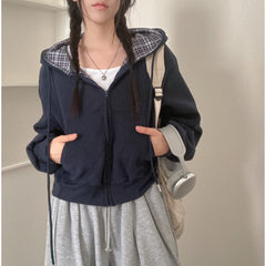Retro Chic Loose Fit Plaid Hooded Zipper Sweatshirt