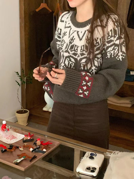 Round Neck Vintage Print Pullover Sweater