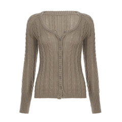 Twist-Knit Button Cardigan with U-Neck