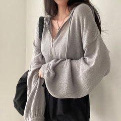 Vintage Zip Up Knitted Cropped Hoodie - fairypeony