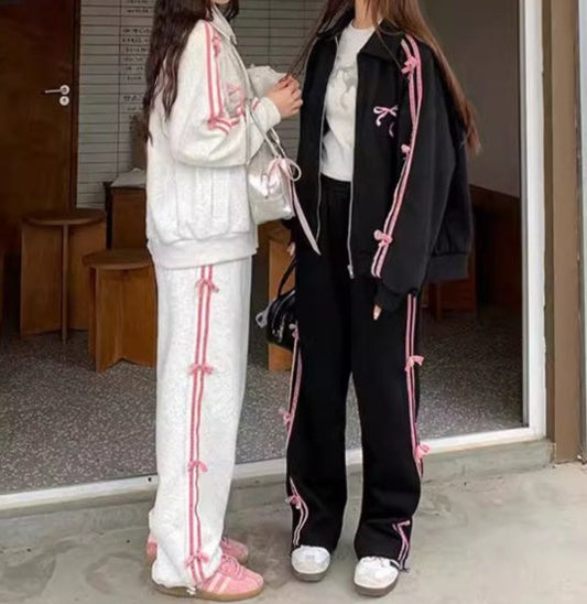 Bow Embroidery Side Striped Two Piece Set