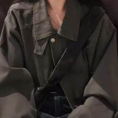 Korean style stand collar zip jacket in dark gray, relaxed fit