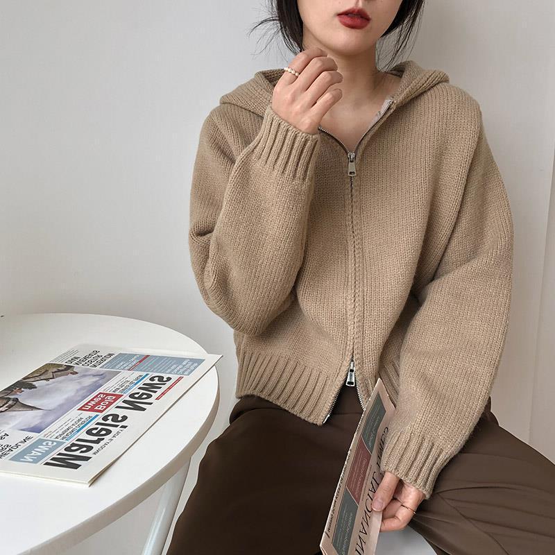 Solid Color Zip Up Hooded Knitted Cardigan - fairypeony