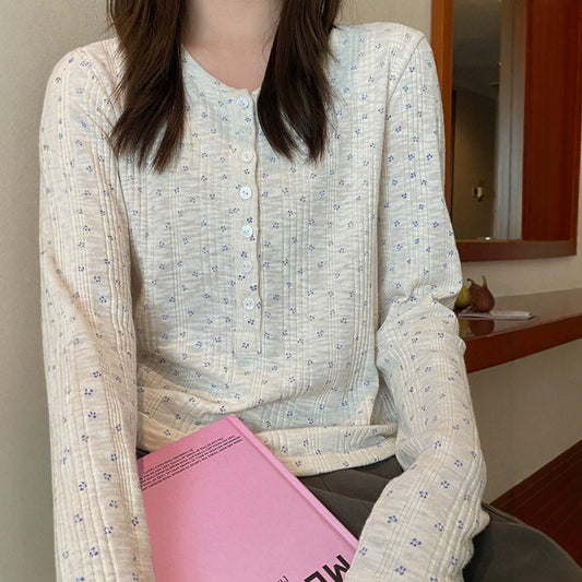 Women's Henley Collar Ribbed Texture Printed Long Sleeve Slim Fit T-Shirt