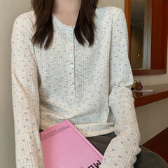 Women's Henley Collar Ribbed Texture Printed Long Sleeve Slim Fit T-Shirt