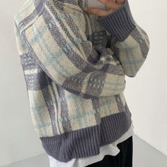 Vintage Plaid Striped V-Neck Pullover Sweater