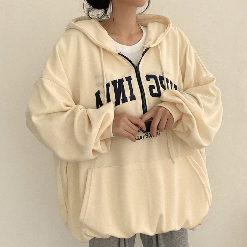 Vintage Letter Print Pullover Zipper Hoodie