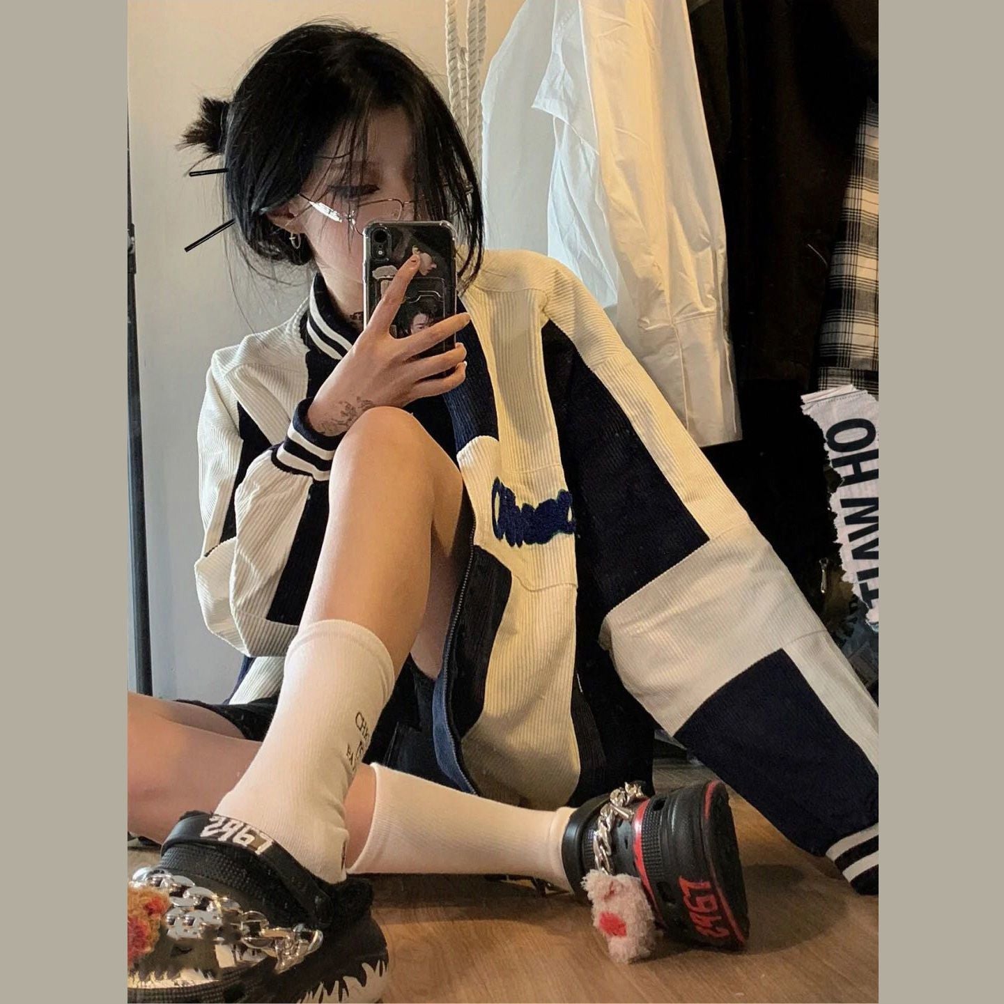 Color Block Zip Up Corduroy Bomber Jacket - fairypeony