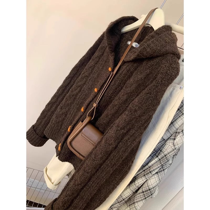 Horn Button Hooded Twist Knit Cardigan