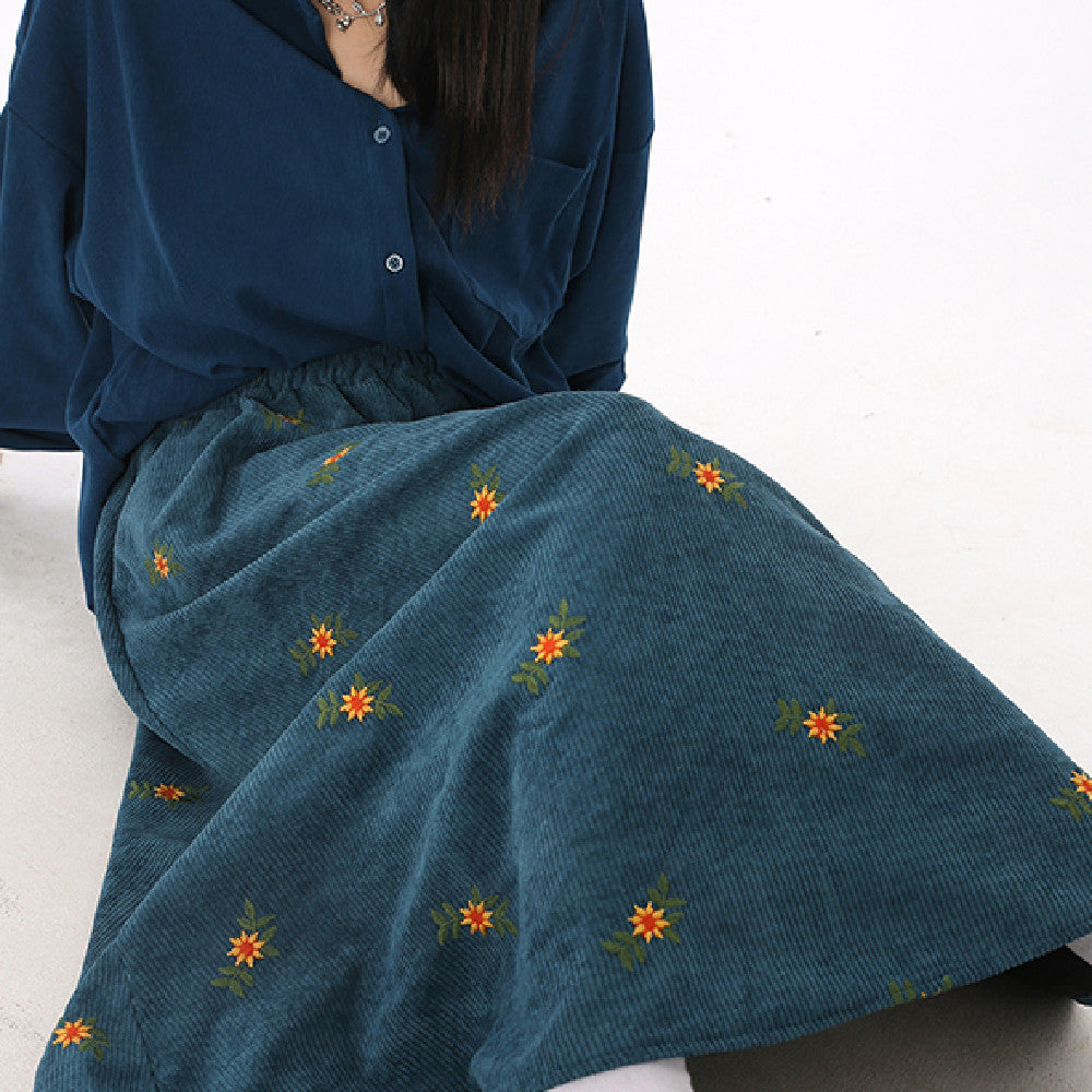 Embroidery Daisy Corduroy Maxi Skirt - fairypeony