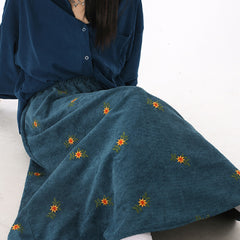 Embroidery Daisy Corduroy Maxi Skirt - fairypeony