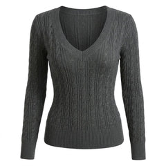 2000s Slim-Fit Cable Knit Sweater – Deep V-Neck Pullover in White Black Gray S–XL