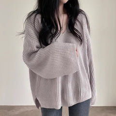 V-Neck Solid Color Loose Sweater