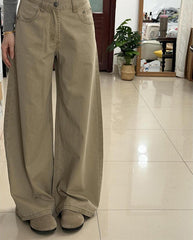 Khaki high-waisted wide-leg stretch jeans, full length