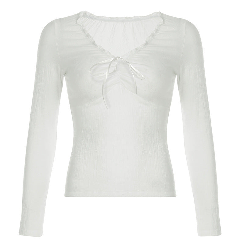 Solid Color Ruffled V-Neck Bow Long Sleeve Tee